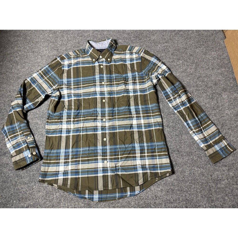 Tommy Hilfiger Shirt Mens M Green Plaid Long Sleeve Button-Down Logo Casual